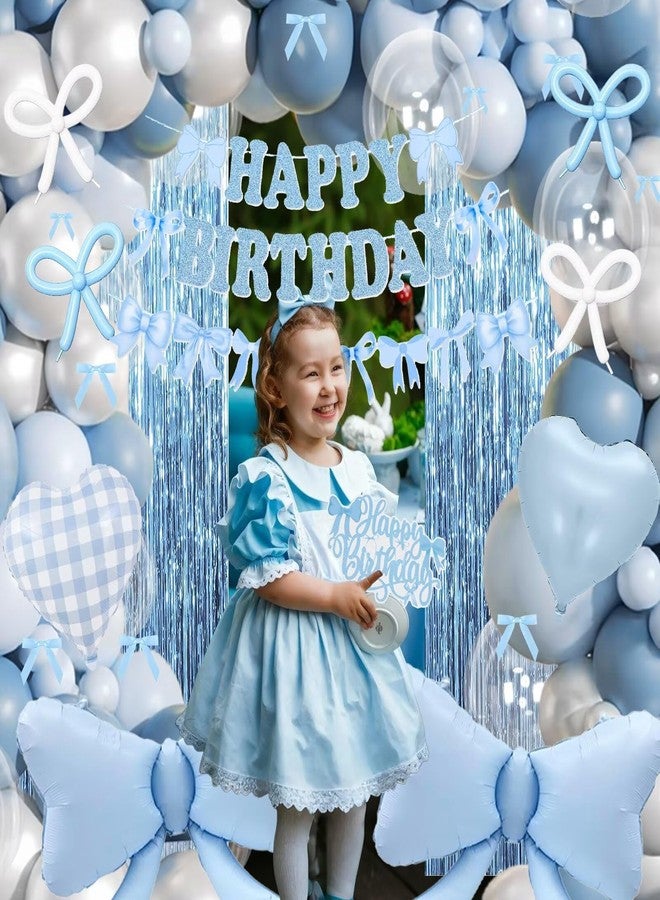 Togvu Dusty Blue Bow Birthday Decorations, Coquette Bow Blue White and Clear Balloons with Happy Birthday Banner Fringe Curtain Cake Toppers for Women Girls Baby Shower Party Supplies - Image 4